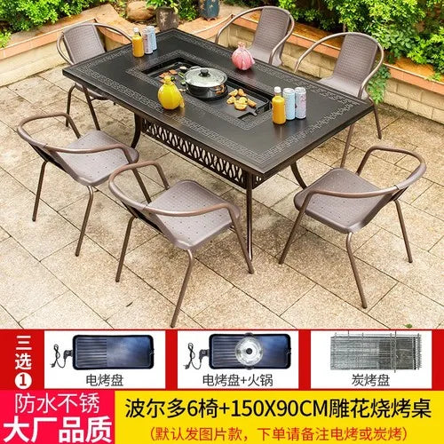 Outdoor courtyard cast aluminum barbecue tables and chairs outdoor garden villa aluminum smokeless electric grilled charcoal.