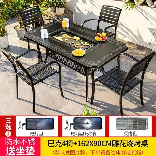 Outdoor courtyard cast aluminum barbecue tables and chairs outdoor garden villa aluminum smokeless electric grilled charcoal.