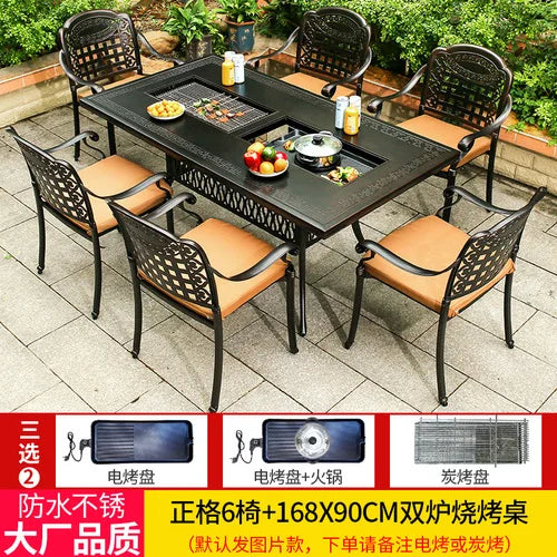 Outdoor courtyard cast aluminum barbecue tables and chairs outdoor garden villa aluminum smokeless electric grilled charcoal.