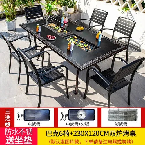 Outdoor courtyard cast aluminum barbecue tables and chairs outdoor garden villa aluminum smokeless electric grilled charcoal.