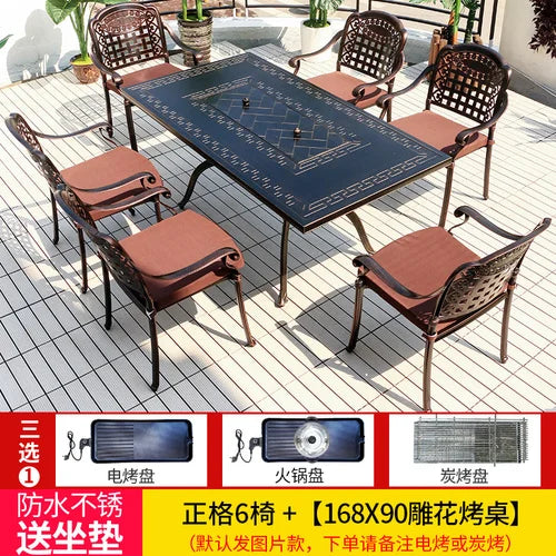 Outdoor courtyard cast aluminum barbecue tables and chairs outdoor garden villa aluminum smokeless electric grilled charcoal.