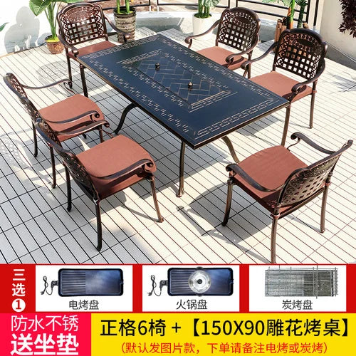Outdoor courtyard cast aluminum barbecue tables and chairs outdoor garden villa aluminum smokeless electric grilled charcoal.