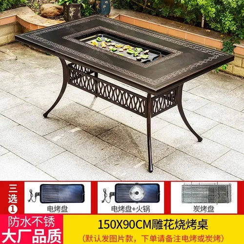 Outdoor courtyard cast aluminum barbecue tables and chairs outdoor garden villa aluminum smokeless electric grilled charcoal.