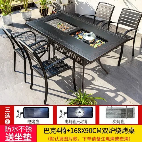 Outdoor courtyard cast aluminum barbecue tables and chairs outdoor garden villa aluminum smokeless electric grilled charcoal.