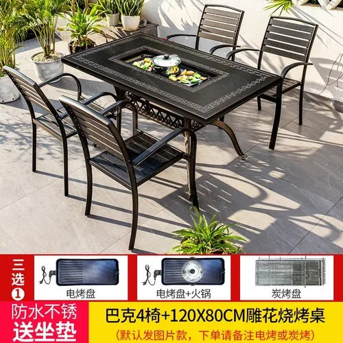 Outdoor courtyard cast aluminum barbecue tables and chairs outdoor garden villa aluminum smokeless electric grilled charcoal.