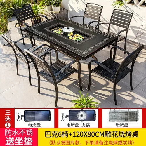 Outdoor courtyard cast aluminum barbecue tables and chairs outdoor garden villa aluminum smokeless electric grilled charcoal.
