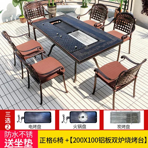Outdoor courtyard cast aluminum barbecue tables and chairs outdoor garden villa aluminum smokeless electric grilled charcoal.