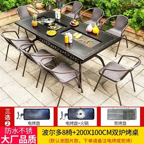 Outdoor courtyard cast aluminum barbecue tables and chairs outdoor garden villa aluminum smokeless electric grilled charcoal.