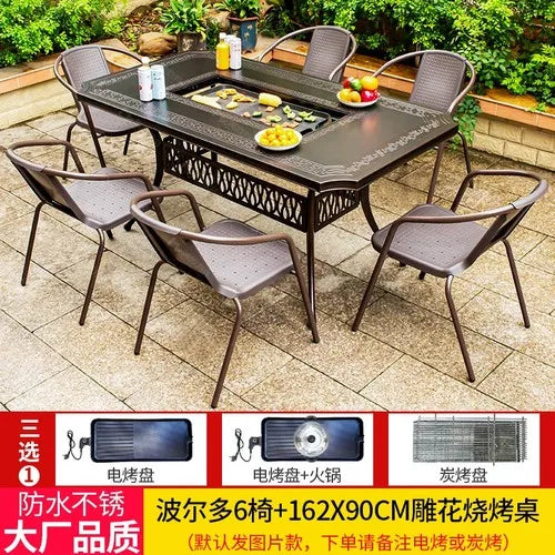 Outdoor courtyard cast aluminum barbecue tables and chairs outdoor garden villa aluminum smokeless electric grilled charcoal.