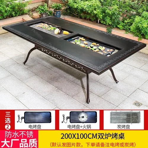 Outdoor courtyard cast aluminum barbecue tables and chairs outdoor garden villa aluminum smokeless electric grilled charcoal.