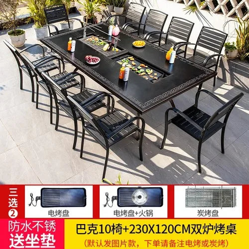 Outdoor courtyard cast aluminum barbecue tables and chairs outdoor garden villa aluminum smokeless electric grilled charcoal.