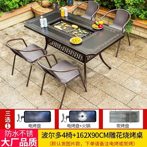 Outdoor courtyard cast aluminum barbecue tables and chairs outdoor garden villa aluminum smokeless electric grilled charcoal.