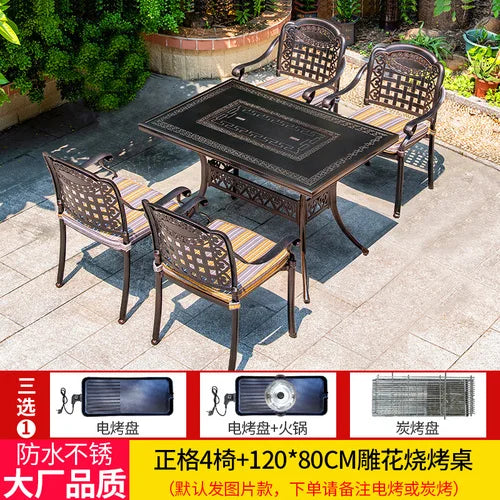 Outdoor courtyard cast aluminum barbecue tables and chairs outdoor garden villa aluminum smokeless electric grilled charcoal.