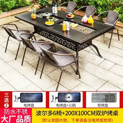 Outdoor courtyard cast aluminum barbecue tables and chairs outdoor garden villa aluminum smokeless electric grilled charcoal.