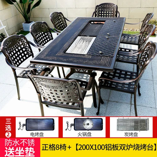 Outdoor courtyard cast aluminum barbecue tables and chairs outdoor garden villa aluminum smokeless electric grilled charcoal.