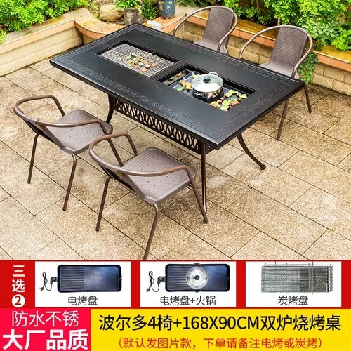 Outdoor courtyard cast aluminum barbecue tables and chairs outdoor garden villa aluminum smokeless electric grilled charcoal.