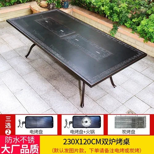 Outdoor courtyard cast aluminum barbecue tables and chairs outdoor garden villa aluminum smokeless electric grilled charcoal.