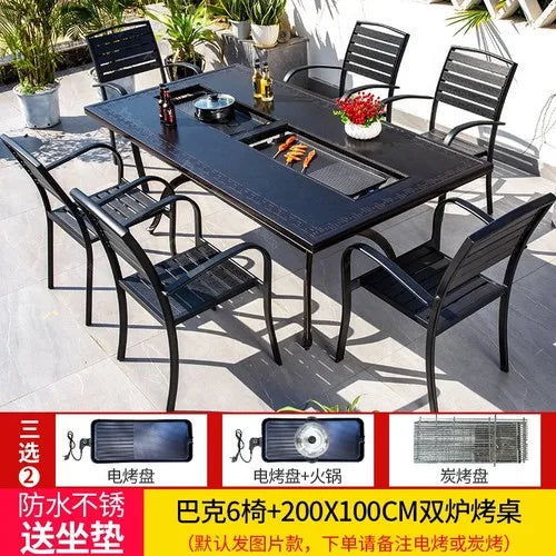 Outdoor courtyard cast aluminum barbecue tables and chairs outdoor garden villa aluminum smokeless electric grilled charcoal.