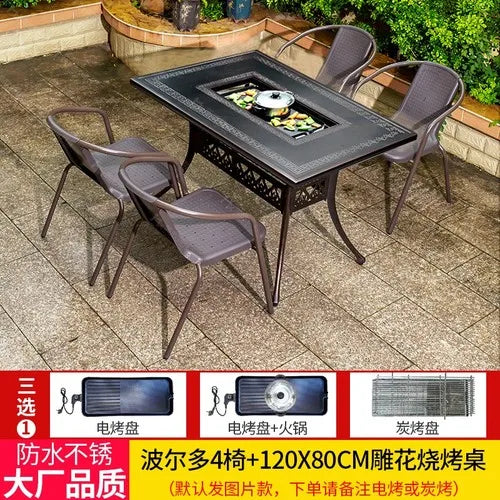 Outdoor courtyard cast aluminum barbecue tables and chairs outdoor garden villa aluminum smokeless electric grilled charcoal.