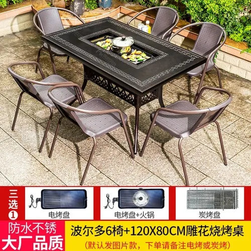 Outdoor courtyard cast aluminum barbecue tables and chairs outdoor garden villa aluminum smokeless electric grilled charcoal.