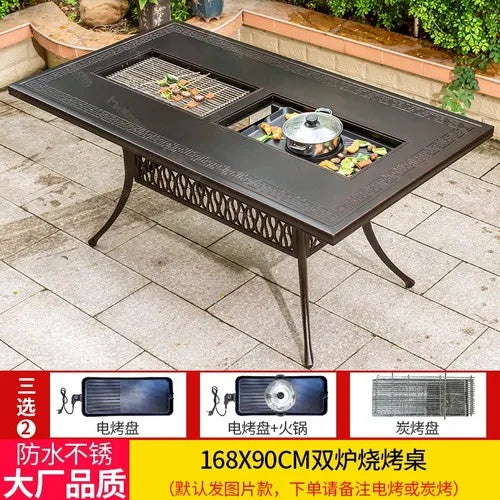 Outdoor courtyard cast aluminum barbecue tables and chairs outdoor garden villa aluminum smokeless electric grilled charcoal.