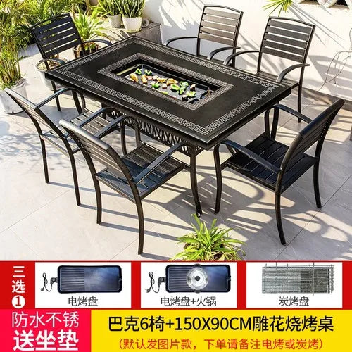 Outdoor courtyard cast aluminum barbecue tables and chairs outdoor garden villa aluminum smokeless electric grilled charcoal.