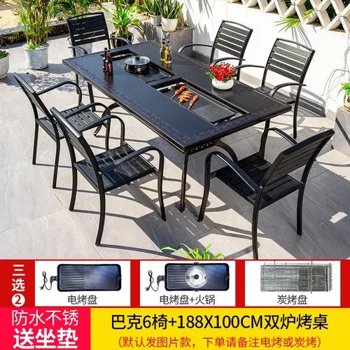 Outdoor courtyard cast aluminum barbecue tables and chairs outdoor garden villa aluminum smokeless electric grilled charcoal.