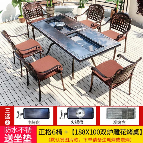 Outdoor courtyard cast aluminum barbecue tables and chairs outdoor garden villa aluminum smokeless electric grilled charcoal.