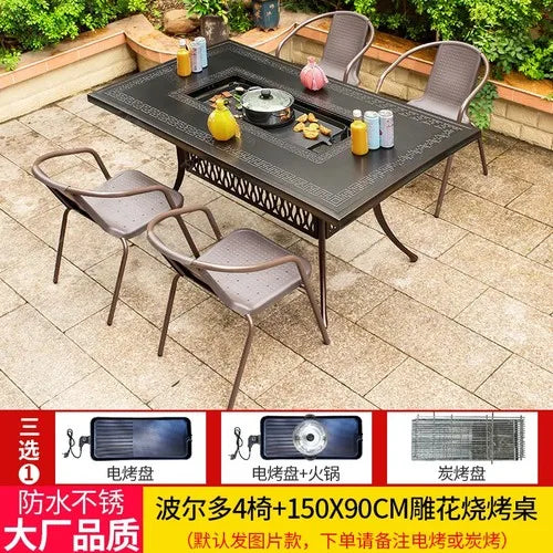 Outdoor courtyard cast aluminum barbecue tables and chairs outdoor garden villa aluminum smokeless electric grilled charcoal.