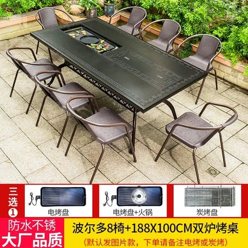 Outdoor courtyard cast aluminum barbecue tables and chairs outdoor garden villa aluminum smokeless electric grilled charcoal.