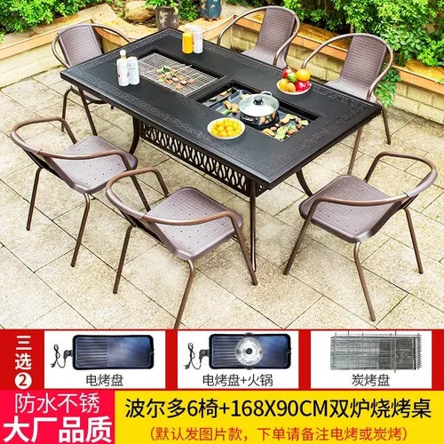 Outdoor courtyard cast aluminum barbecue tables and chairs outdoor garden villa aluminum smokeless electric grilled charcoal.