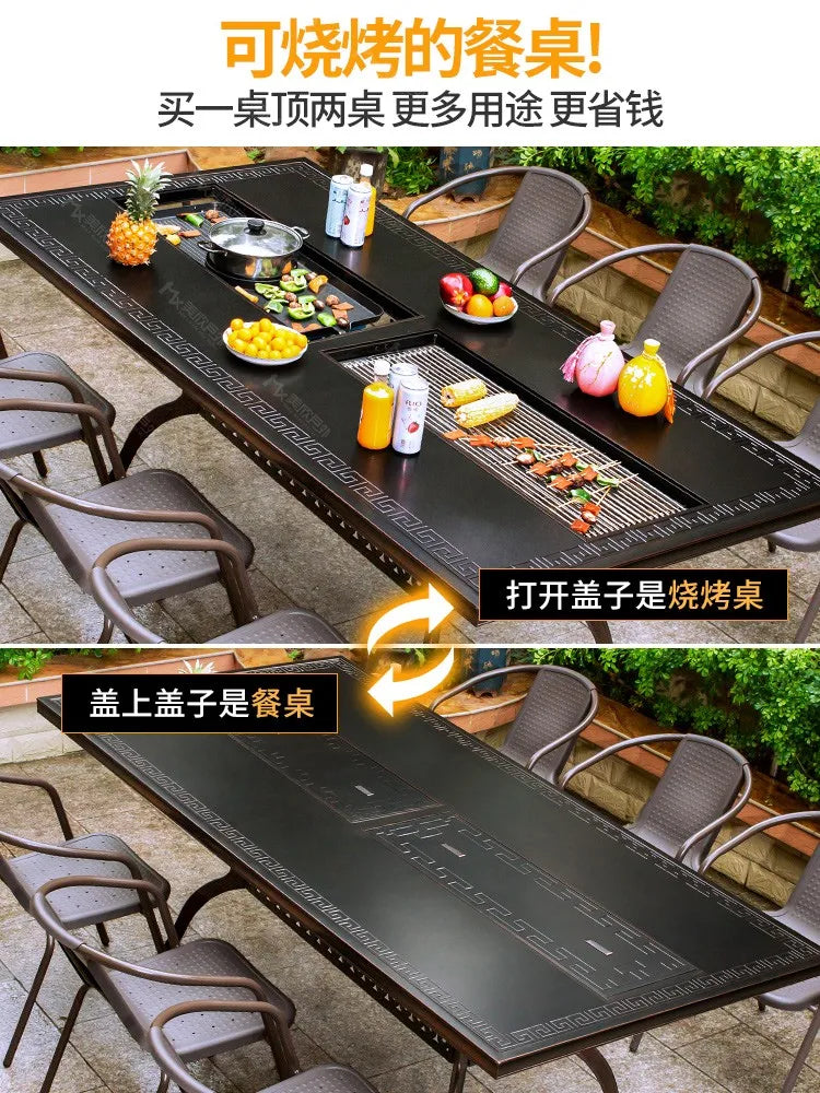 Outdoor courtyard cast aluminum barbecue tables and chairs outdoor garden villa aluminum smokeless electric grilled charcoal.