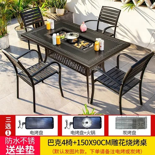 Outdoor courtyard cast aluminum barbecue tables and chairs outdoor garden villa aluminum smokeless electric grilled charcoal.