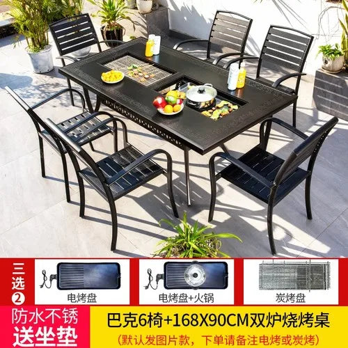 Outdoor courtyard cast aluminum barbecue tables and chairs outdoor garden villa aluminum smokeless electric grilled charcoal.