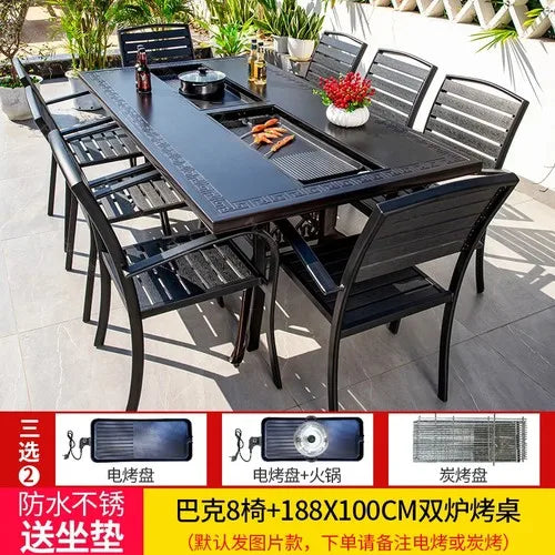 Outdoor courtyard cast aluminum barbecue tables and chairs outdoor garden villa aluminum smokeless electric grilled charcoal.