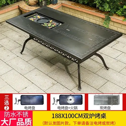 Outdoor courtyard cast aluminum barbecue tables and chairs outdoor garden villa aluminum smokeless electric grilled charcoal.