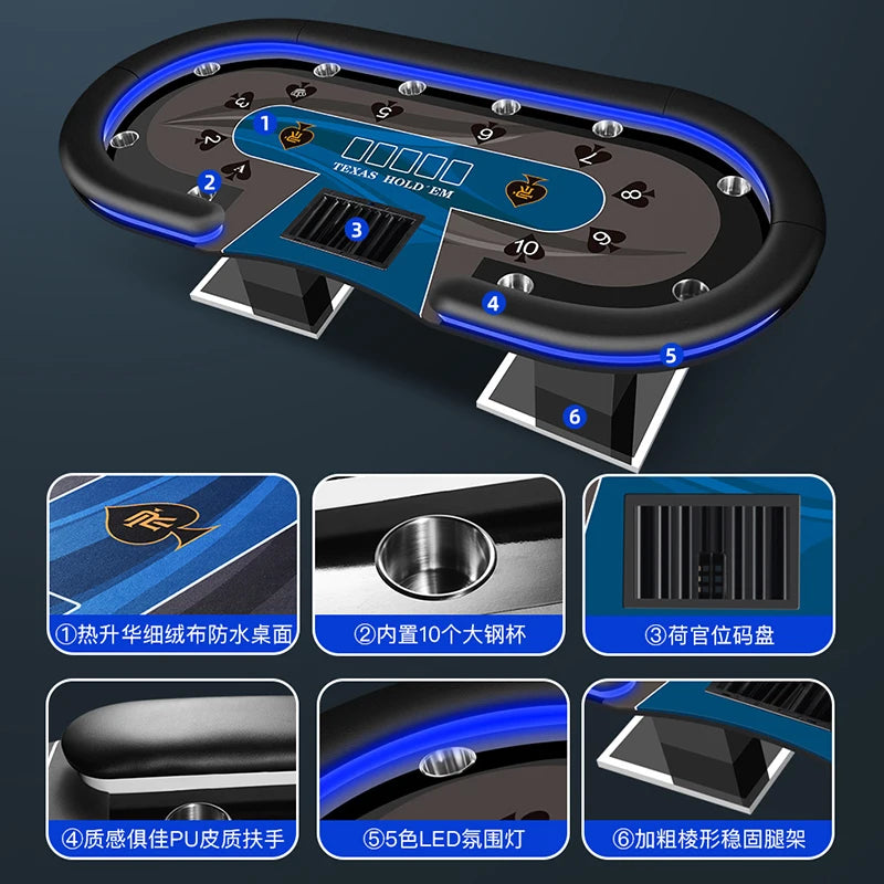 Poker Table with Remote Control LED Light Desktop Cloth Cushion Color Size Can Be Customized