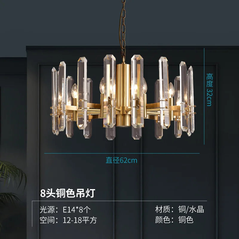 Post-modern luxury copper chandelier simple living room dining room lamp villa bedroom atmospheric crystal lights