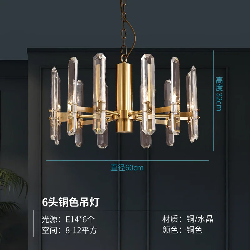 Post-modern luxury copper chandelier simple living room dining room lamp villa bedroom atmospheric crystal lights