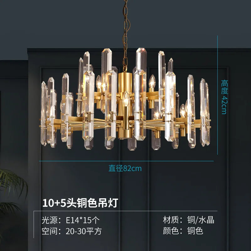 Post-modern luxury copper chandelier simple living room dining room lamp villa bedroom atmospheric crystal lights