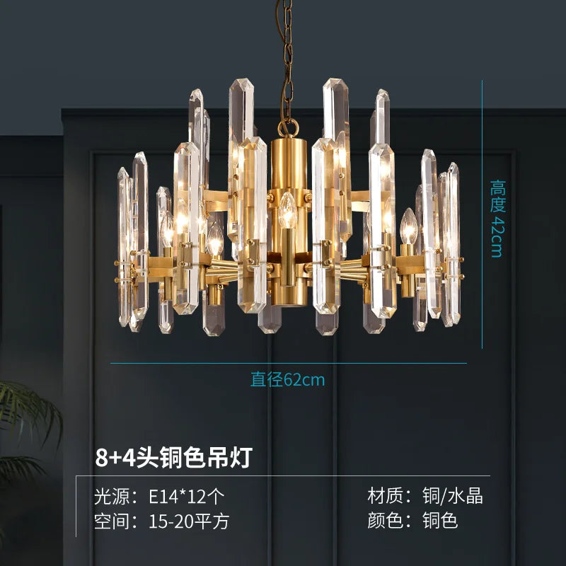 Post-modern luxury copper chandelier simple living room dining room lamp villa bedroom atmospheric crystal lights