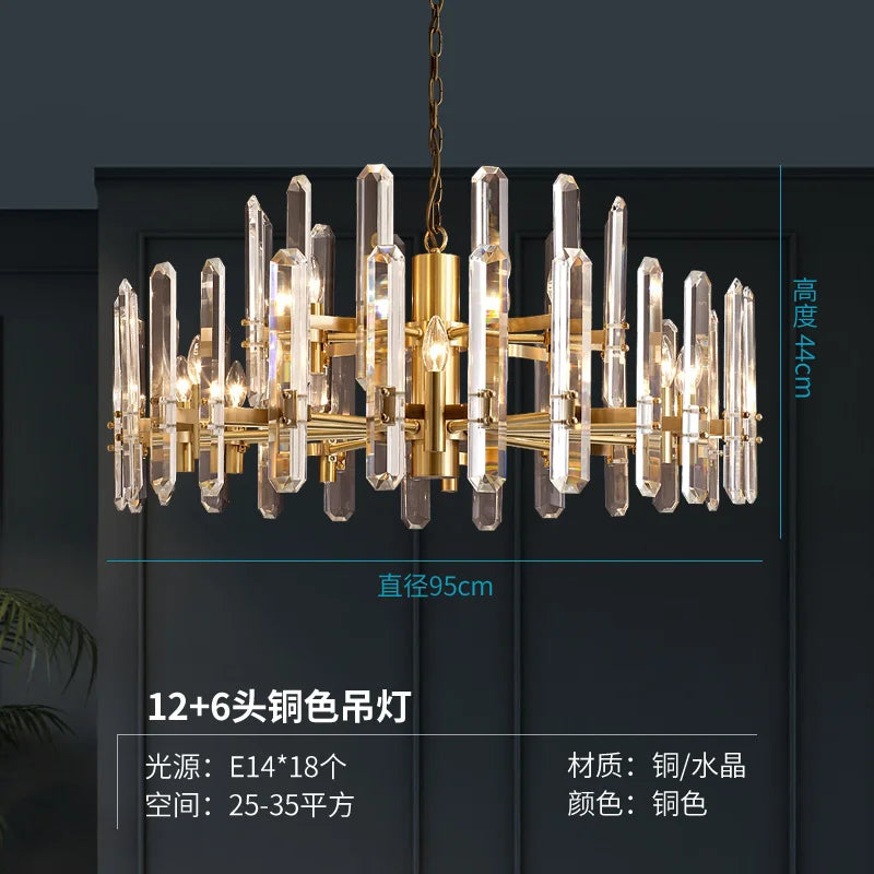 Post-modern luxury copper chandelier simple living room dining room lamp villa bedroom atmospheric crystal lights