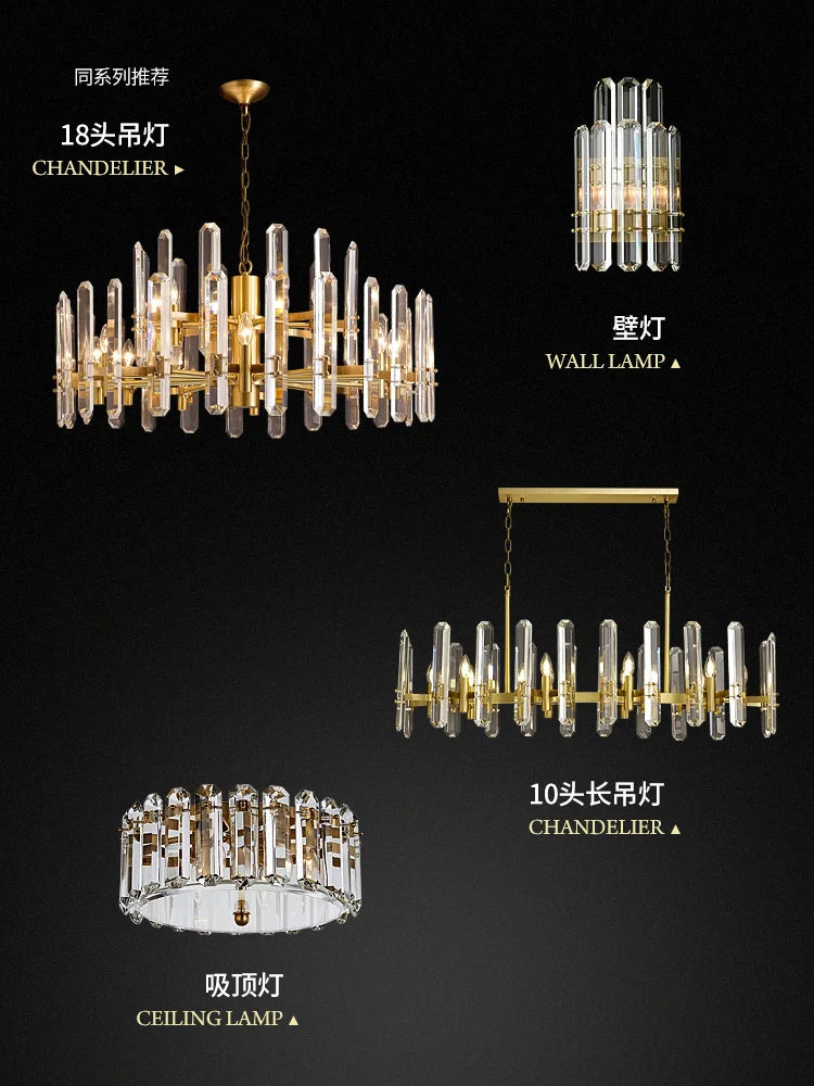 Post-modern luxury copper chandelier simple living room dining room lamp villa bedroom atmospheric crystal lights