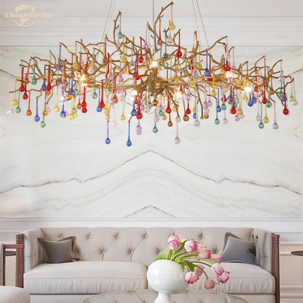 Postmodern LED Chandeliers Lighting Glass Luxury Copper Tree Branch Colorful Lamp for Living Room Bedroom Dining Room Villa