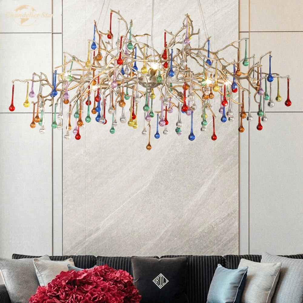 Postmodern LED Chandeliers Lighting Glass Luxury Copper Tree Branch Colorful Lamp for Living Room Bedroom Dining Room Villa