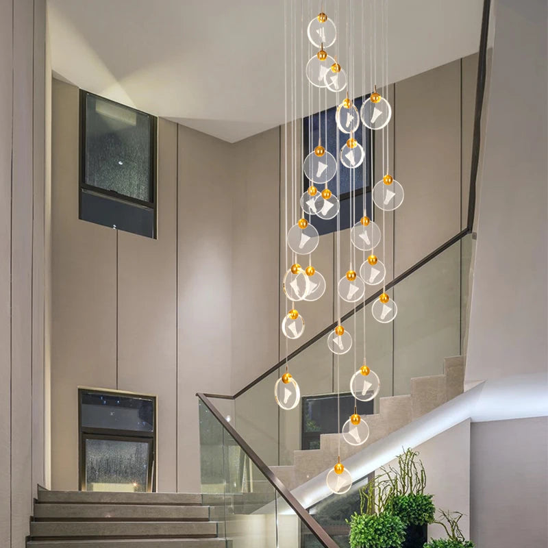 Postmodern light luxury crystal chandelier villa duplex building simple double-story spiral staircase long chandelier