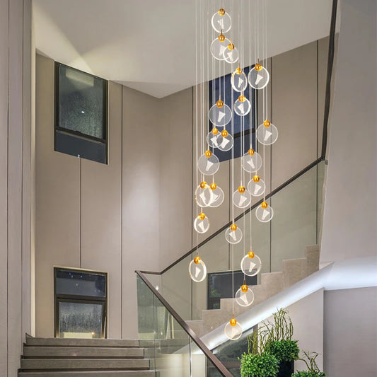 Postmodern light luxury crystal chandelier villa duplex building simple double-story spiral staircase long chandelier