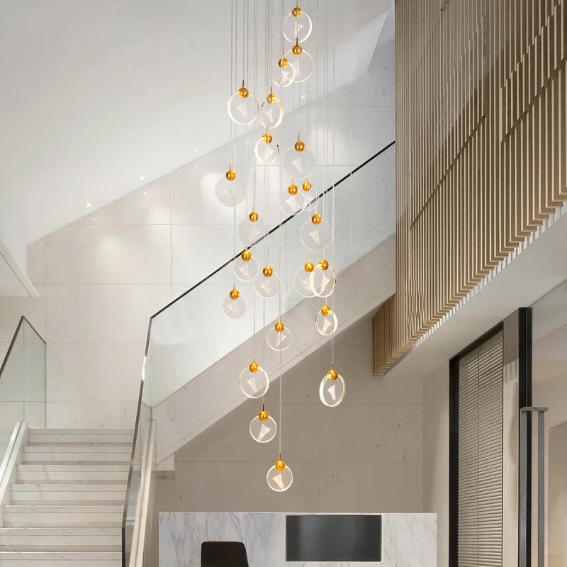 Postmodern light luxury crystal chandelier villa duplex building simple double-story spiral staircase long chandelier
