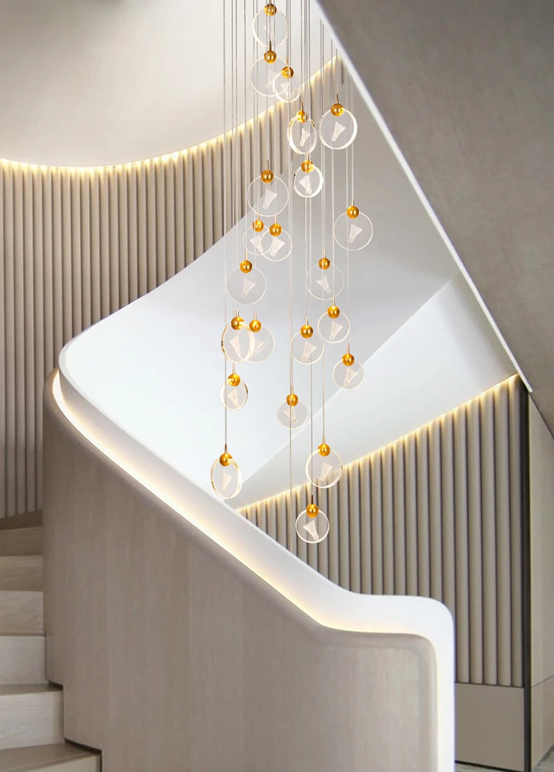 Postmodern light luxury crystal chandelier villa duplex building simple double-story spiral staircase long chandelier