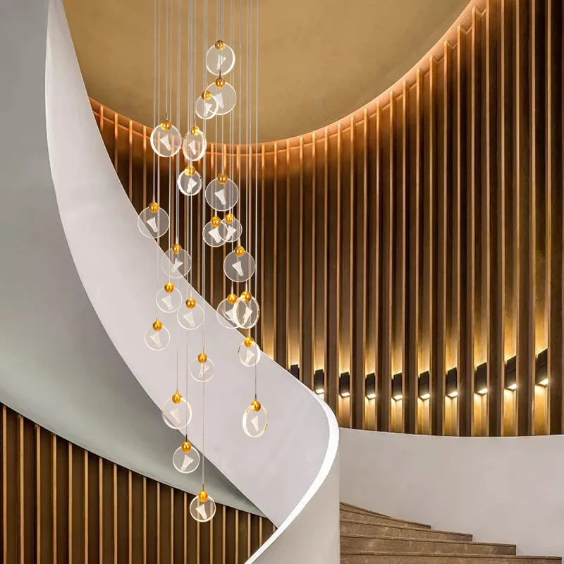 Postmodern light luxury crystal chandelier villa duplex building simple double-story spiral staircase long chandelier